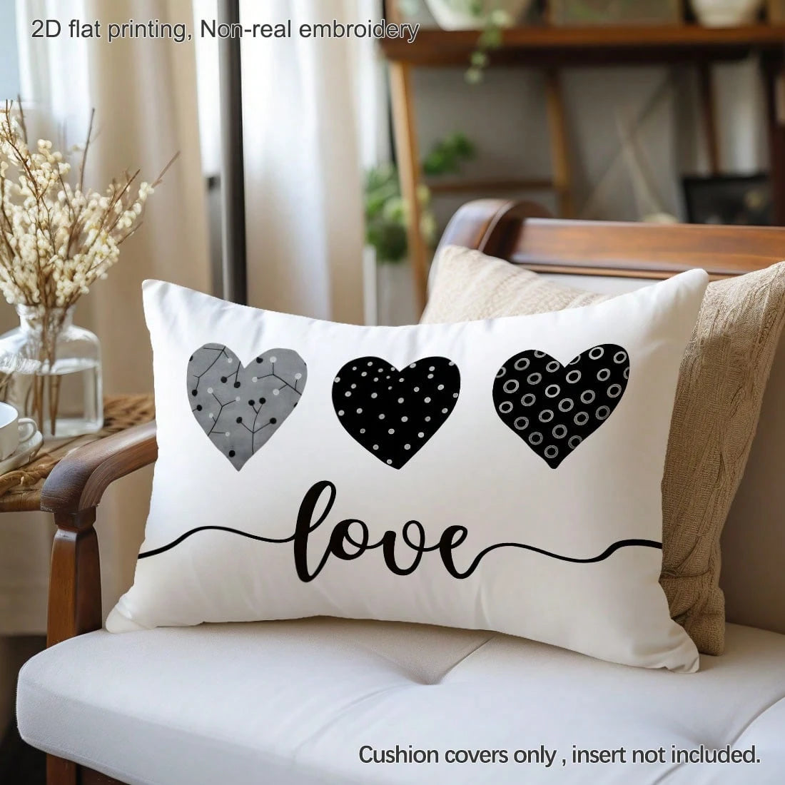 1pc Grey & Black Polka Dot Circular Textured Heart Print Pillow Cover [No Filling], 11.81*19.71in(30*50cm), [Single-Sided Printing] Polyester Throw Pillow Case For Sofa, Living Room, Bedroom, Car, Off