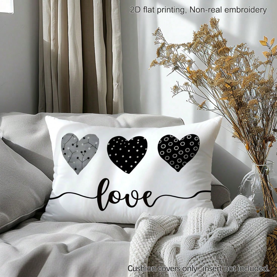 1pc Grey & Black Polka Dot Circular Textured Heart Print Pillow Cover [No Filling], 11.81*19.71in(30*50cm), [Single-Sided Printing] Polyester Throw Pillow Case For Sofa, Living Room, Bedroom, Car, Off