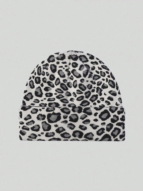 1pc Grey Millennium Spice Vintage Leopard Print Warm Ear Hat, Rimless, Fashion, Minimalist, Versatile, Suitable For Vacation, University, Date, Shopping And Other Matching Items