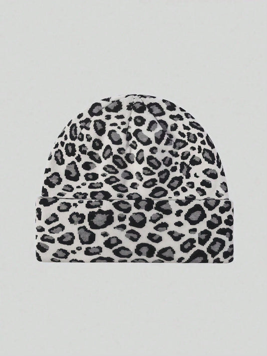 1pc Grey Millennium Spice Vintage Leopard Print Warm Ear Hat, Rimless, Fashion, Minimalist, Versatile, Suitable For Vacation, University, Date, Shopping And Other Matching Items