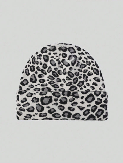 1pc Grey Millennium Spice Vintage Leopard Print Warm Ear Hat, Rimless, Fashion, Minimalist, Versatile, Suitable For Vacation, University, Date, Shopping And Other Matching Items