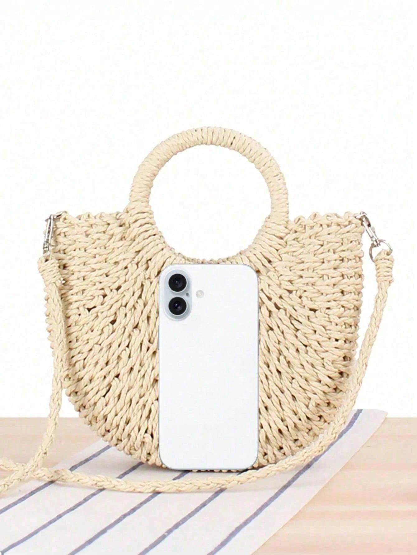 1pc Half Moon Shaped Handbag, Minimalist Ins Style, Half Moon Straw Woven Bag, Beach Handwoven Bag, Fashion Beach Vacation Straw Woven Bag, Holiday Women's Bag