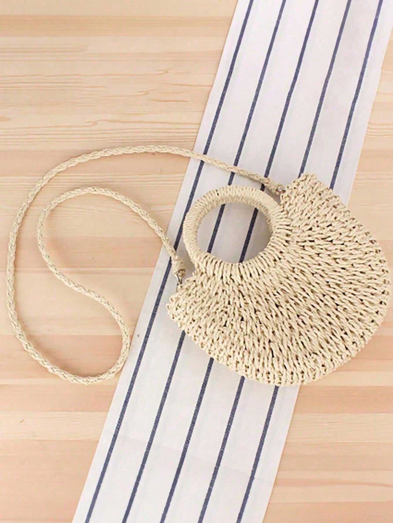 1pc Half Moon Shaped Handbag, Minimalist Ins Style, Half Moon Straw Woven Bag, Beach Handwoven Bag, Fashion Beach Vacation Straw Woven Bag, Holiday Women's Bag