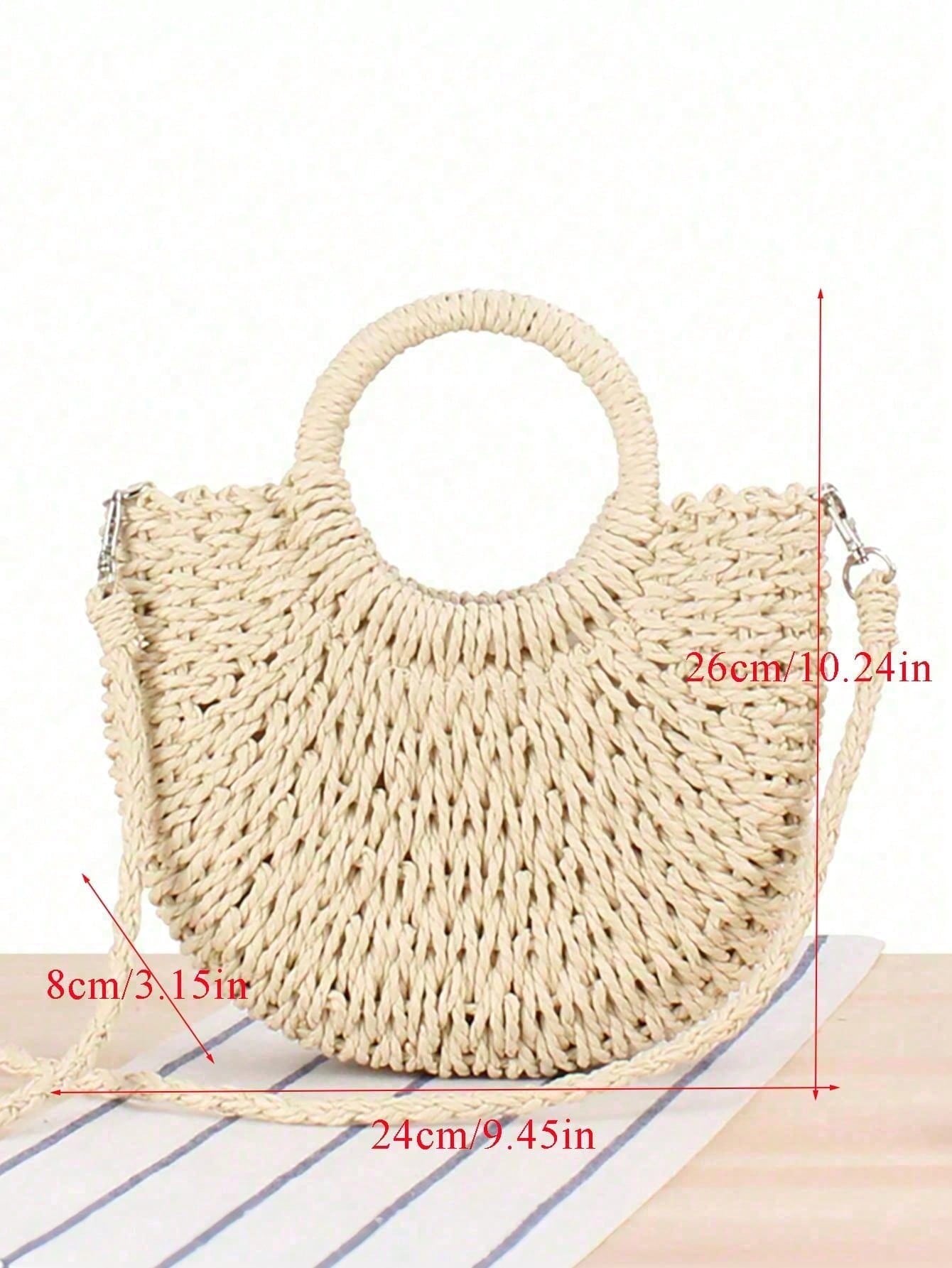 1pc Half Moon Shaped Handbag, Minimalist Ins Style, Half Moon Straw Woven Bag, Beach Handwoven Bag, Fashion Beach Vacation Straw Woven Bag, Holiday Women's Bag