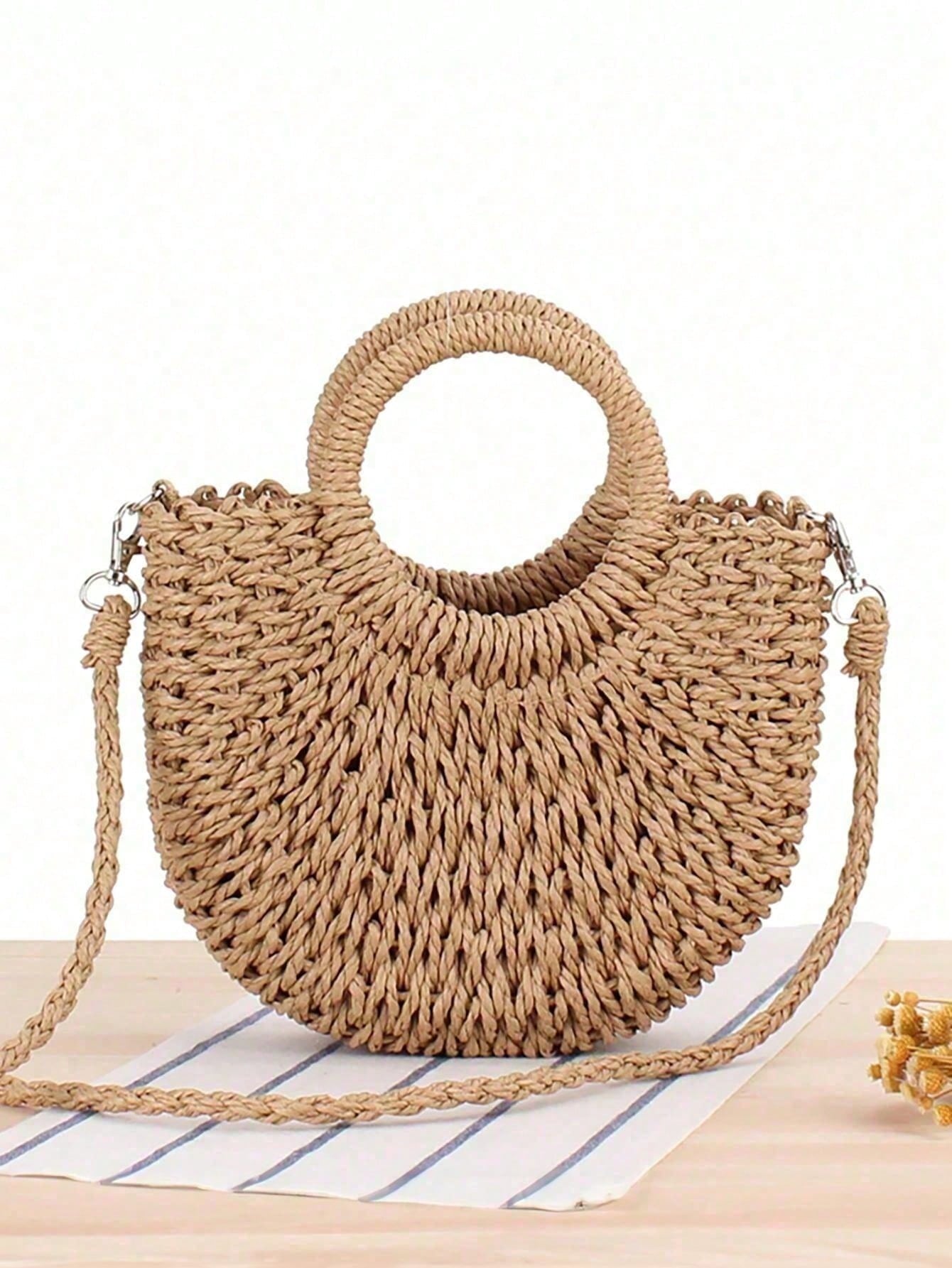 1pc Half Moon Shaped Handbag, Minimalist Ins Style, Half Moon Straw Woven Bag, Beach Handwoven Bag, Fashion Beach Vacation Straw Woven Bag, Holiday Women's Bag