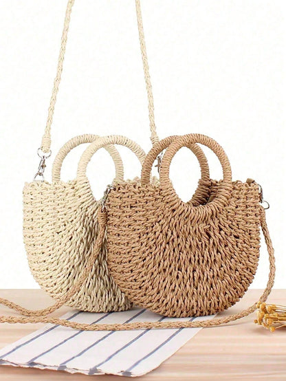 1pc Half Moon Shaped Handbag, Minimalist Ins Style, Half Moon Straw Woven Bag, Beach Handwoven Bag, Fashion Beach Vacation Straw Woven Bag, Holiday Women's Bag