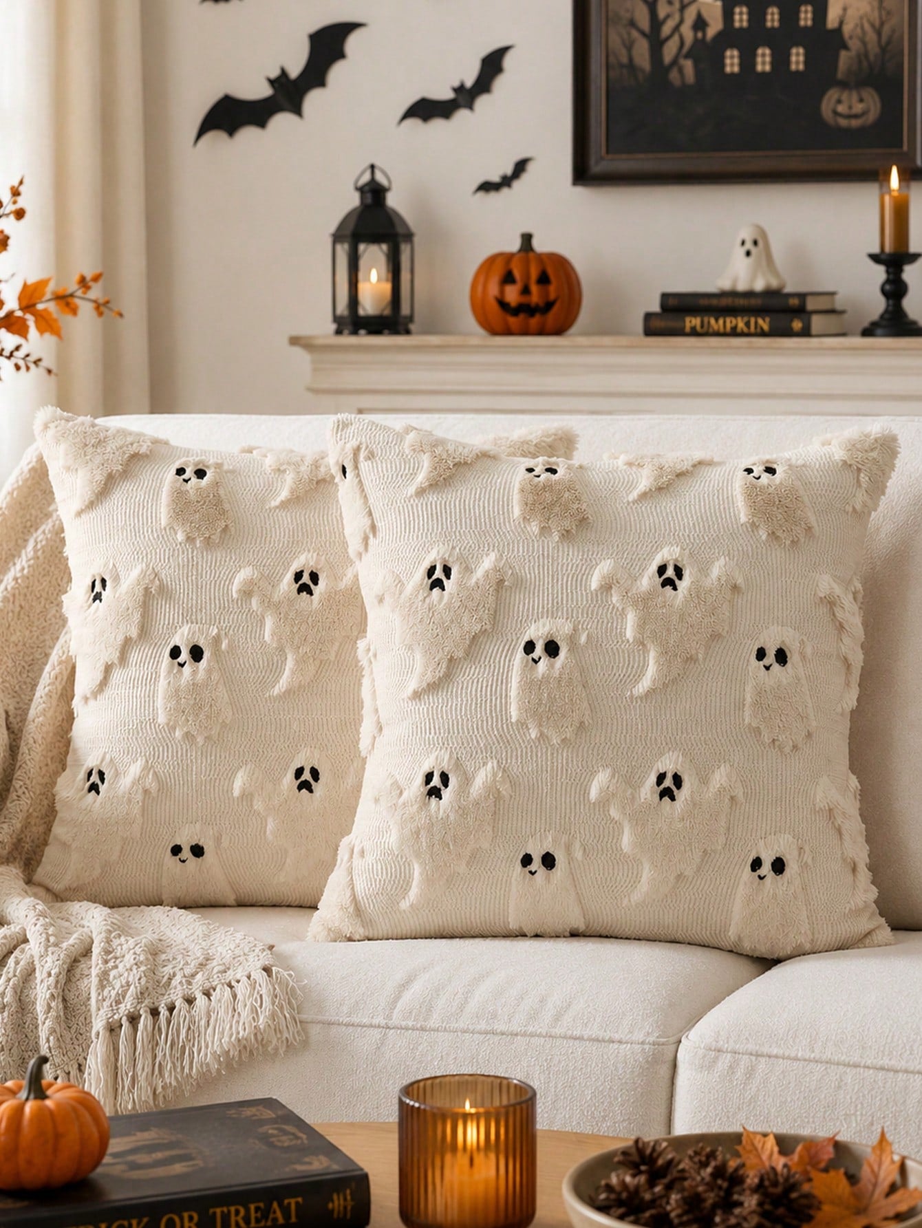 1pc Halloween Pillow Case, Cute Little Ghost Embroidery Design, Horror Style, Soft Plush Faux Wool, Cushion Cover, Autumn Home Decor Gift, Suitable For Sofa, Chair, Bedroom