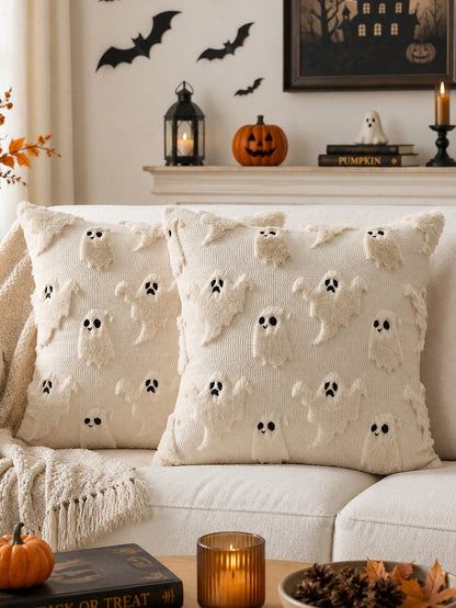 1pc Halloween Pillow Case, Cute Little Ghost Embroidery Design, Horror Style, Soft Plush Faux Wool, Cushion Cover, Autumn Home Decor Gift, Suitable For Sofa, Chair, Bedroom