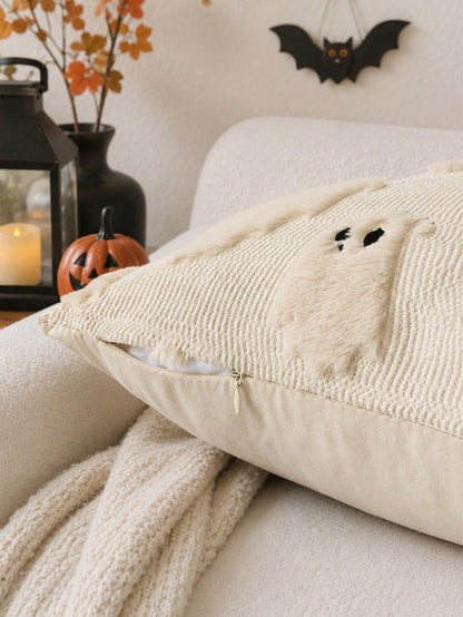 1pc Halloween Pillow Case, Cute Little Ghost Embroidery Design, Horror Style, Soft Plush Faux Wool, Cushion Cover, Autumn Home Decor Gift, Suitable For Sofa, Chair, Bedroom