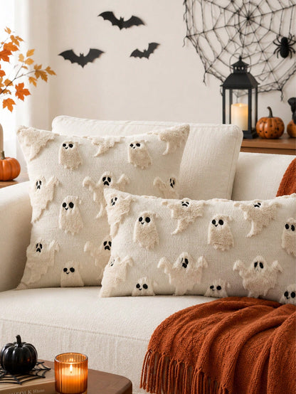 1pc Halloween Pillow Case, Cute Little Ghost Embroidery Design, Horror Style, Soft Plush Faux Wool, Cushion Cover, Autumn Home Decor Gift, Suitable For Sofa, Chair, Bedroom
