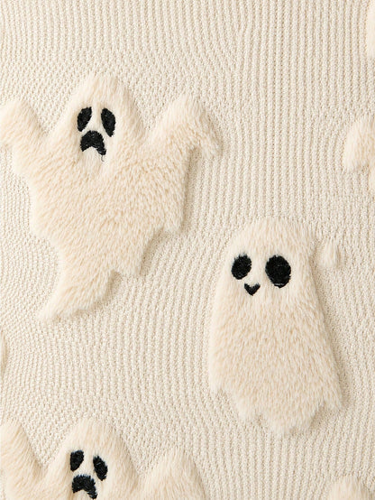 1pc Halloween Pillow Case, Cute Little Ghost Embroidery Design, Horror Style, Soft Plush Faux Wool, Cushion Cover, Autumn Home Decor Gift, Suitable For Sofa, Chair, Bedroom