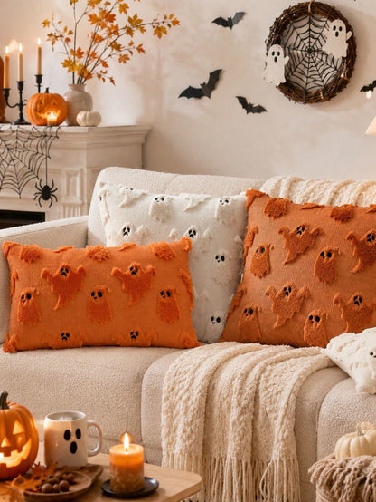 1pc Halloween Pillow Case, Cute Little Ghost Embroidery Design, Horror Style, Soft Plush Faux Wool, Cushion Cover, Autumn Home Decor Gift, Suitable For Sofa, Chair, Bedroom
