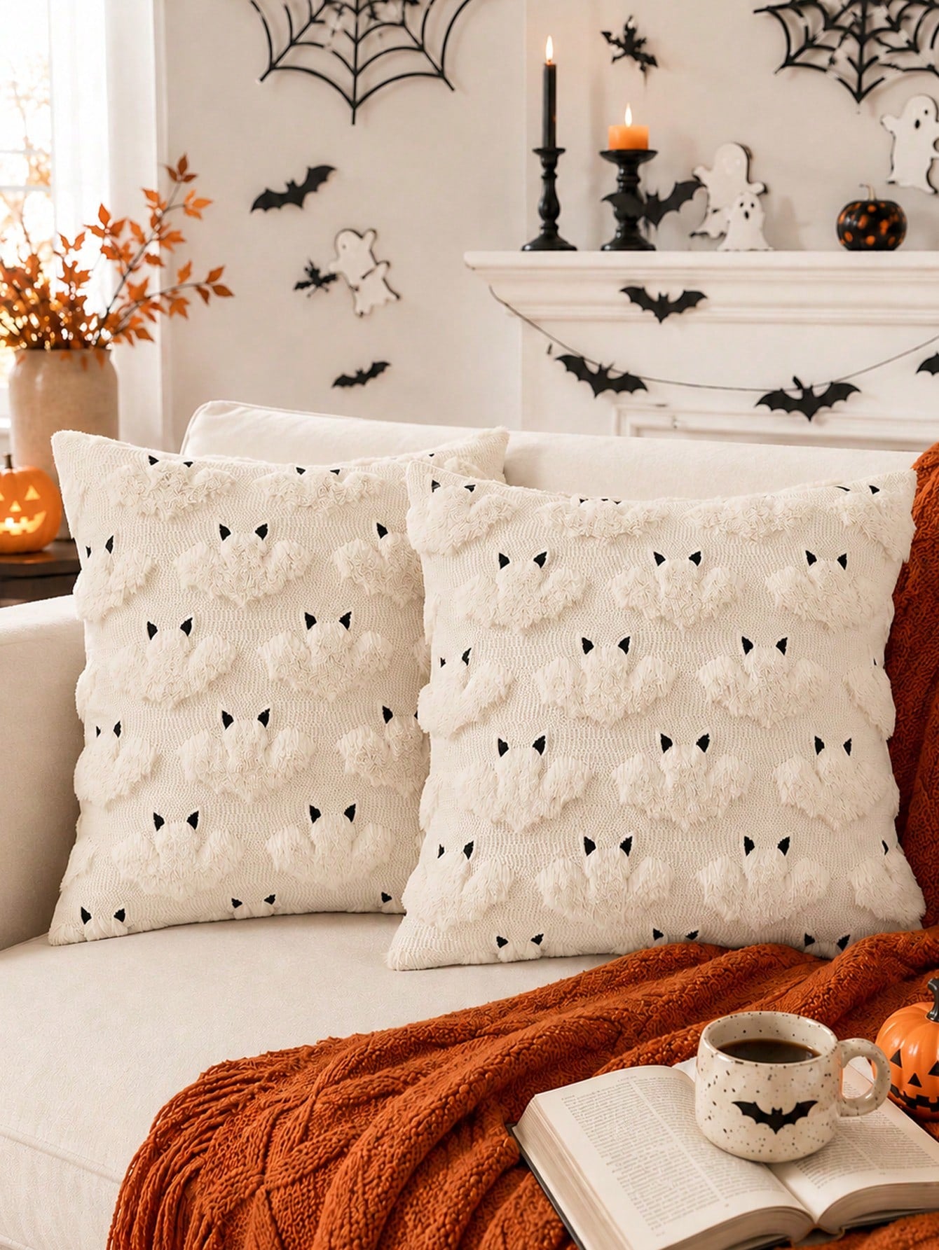 1pc Halloween Pillow Case, Cute Little Ghost Embroidery Design, Horror Style, Soft Plush Faux Wool, Cushion Cover, Autumn Home Decor Gift, Suitable For Sofa, Chair, Bedroom