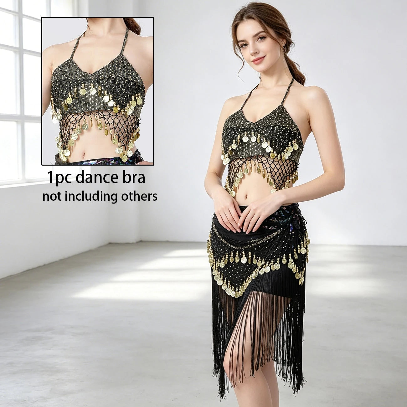 1pc Handmade Sequin Beaded Tassel Lace-Up Bralette Top, Paired With Sequin Sari Style Skirt. Perfect For Belly Dance, Festivals, Parties, Beach, Bohemian And Vintage Style Wear