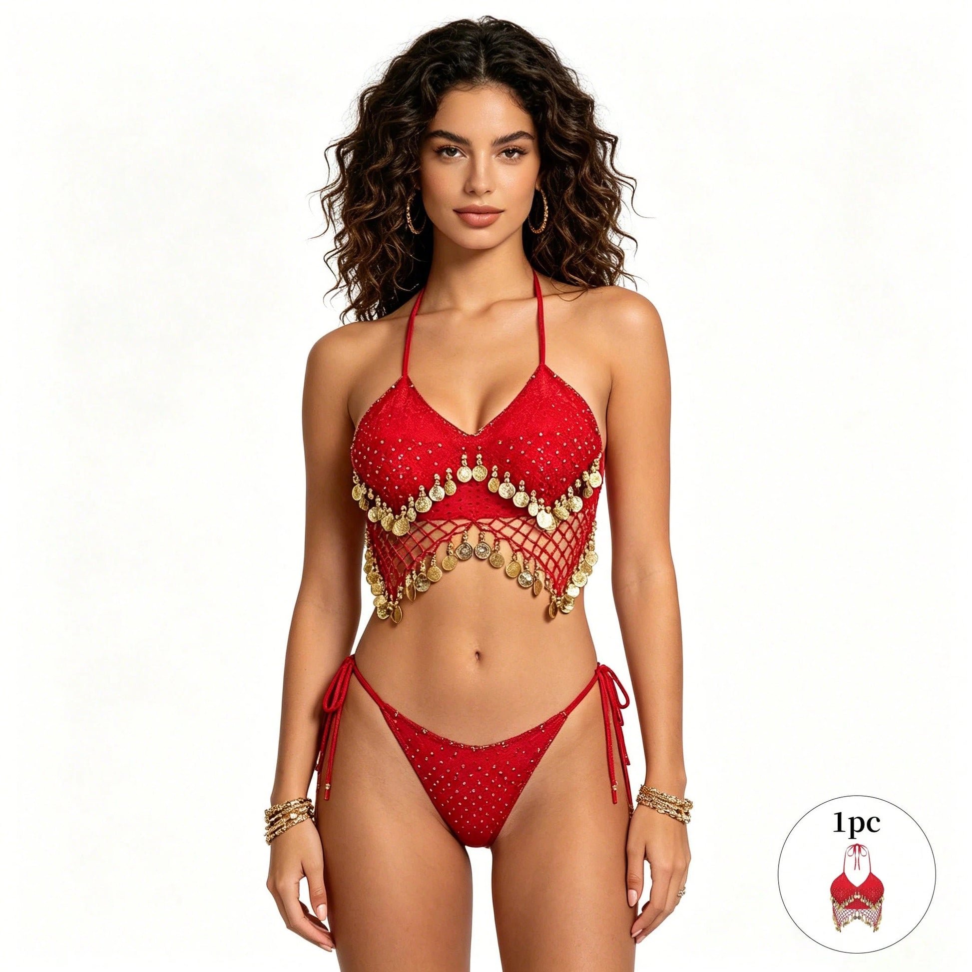 1pc Handmade Sequin Beaded Tassel Lace-Up Bralette Top, Paired With Sequin Sari Style Skirt. Perfect For Belly Dance, Festivals, Parties, Beach, Bohemian And Vintage Style Wear