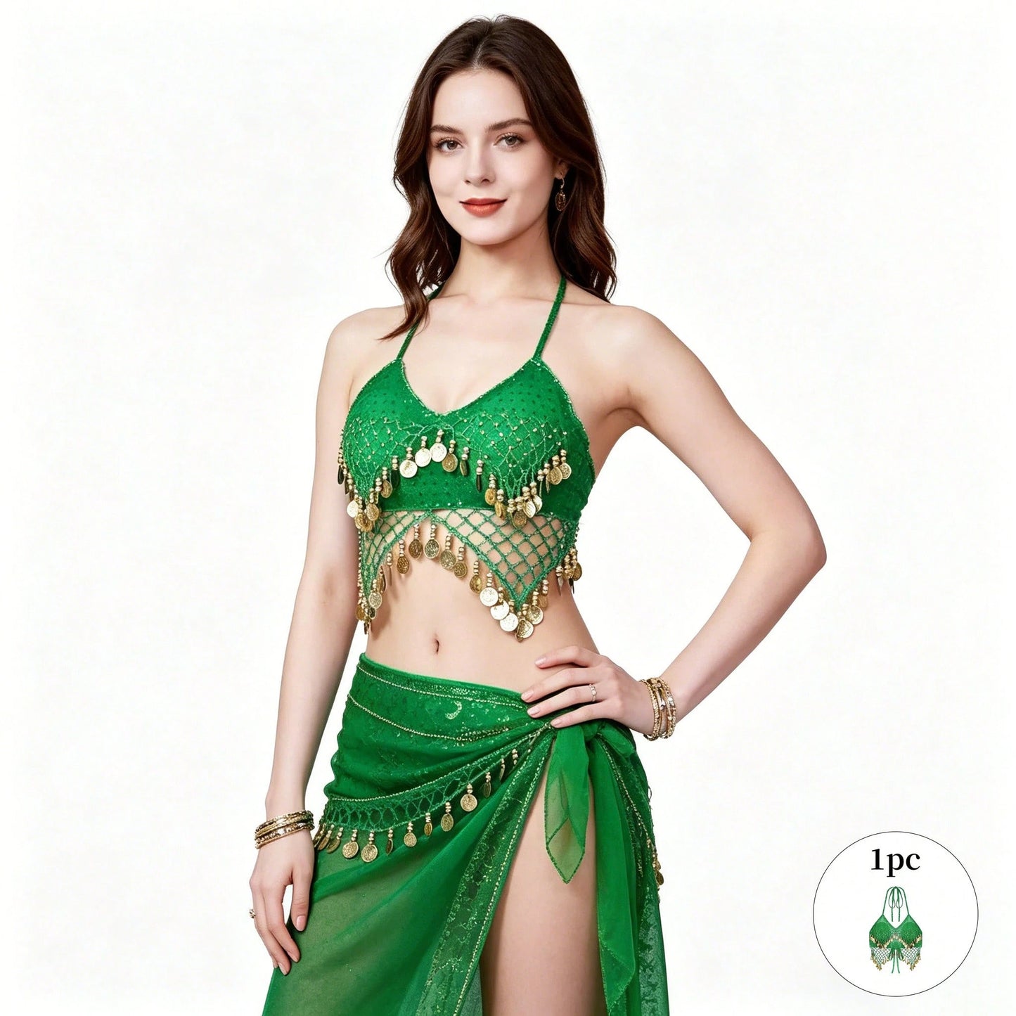 1pc Handmade Sequin Beaded Tassel Lace-Up Bralette Top, Paired With Sequin Sari Style Skirt. Perfect For Belly Dance, Festivals, Parties, Beach, Bohemian And Vintage Style Wear