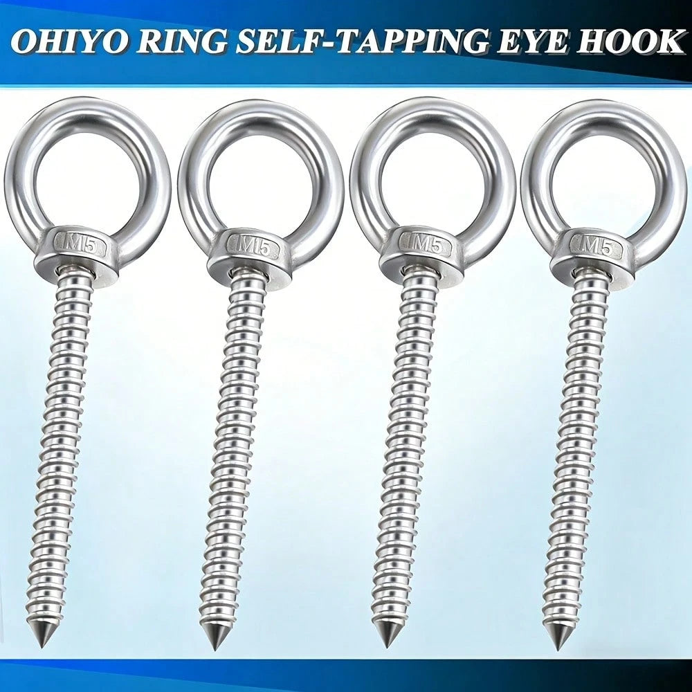 1pc Heavy Duty 304 Stainless Steel Self-Tapping Eye Screw, Silver Eye Hook, Metal Spiral Ceiling Hook, M5x80 Thread- Suitable For DIY Cork Crafts, Wooden Picture Frame Hanging, Ceiling Hook Installat
