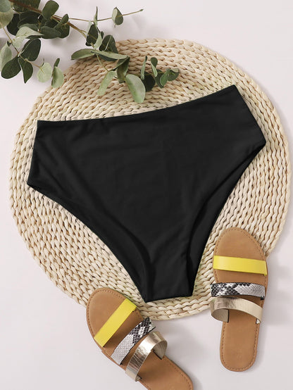 1pc High-Waist Solid Color Casual Swimwear Briefs, Vacation/Beach Bikini For Summer Black