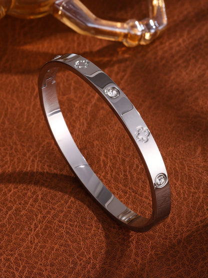 1pc Hip-Hop Fashion Stainless Steel Men's Bracelet, Four-Leaf Flower Steel Color Men's Bracelet, Men's Back To School Season Commute Hip-Hop Jewelry