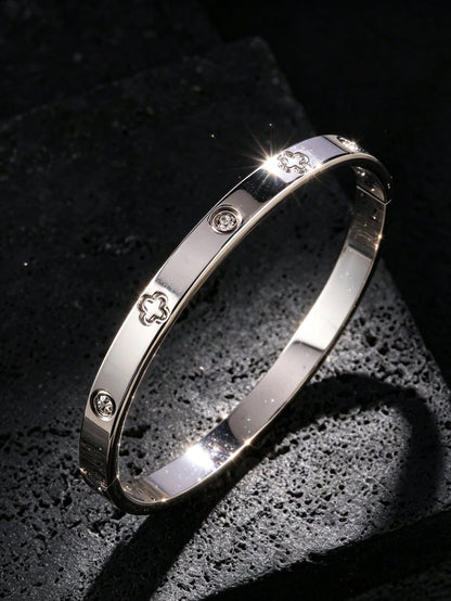 1pc Hip-Hop Fashion Stainless Steel Men's Bracelet, Four-Leaf Flower Steel Color Men's Bracelet, Men's Back To School Season Commute Hip-Hop Jewelry