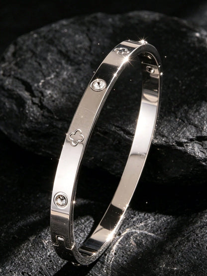 1pc Hip-Hop Fashion Stainless Steel Men's Bracelet, Four-Leaf Flower Steel Color Men's Bracelet, Men's Back To School Season Commute Hip-Hop Jewelry