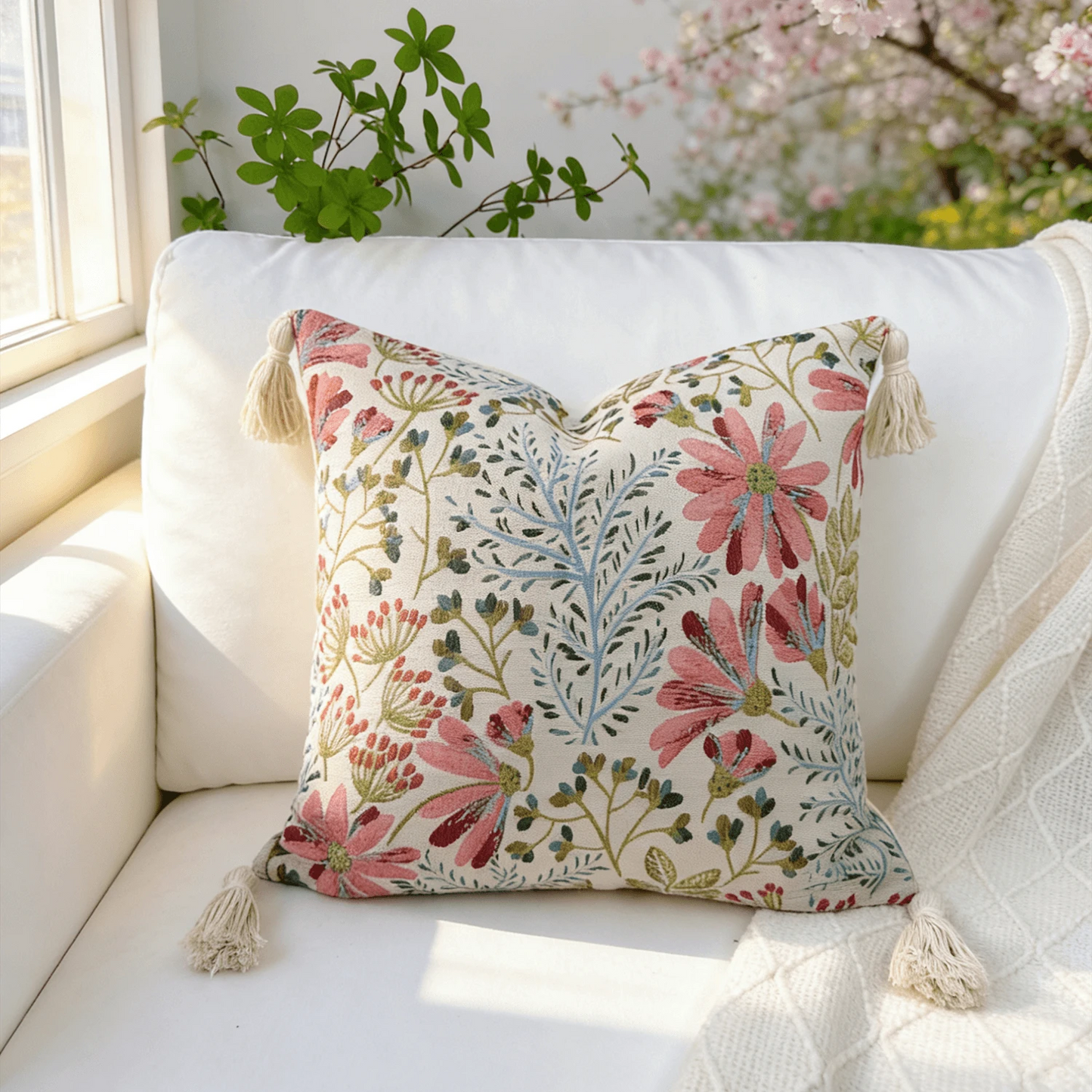 1pc Jacquard Fabric Lace Tassel Ball Pillow, Back To School Decor, Dorm Soft Decoration Pillow, Wedding Decoration Pillow, Sofa Soft Cushion, Floral Pattern Pillowcase, Bed Head Decor Pillow, Farmhous