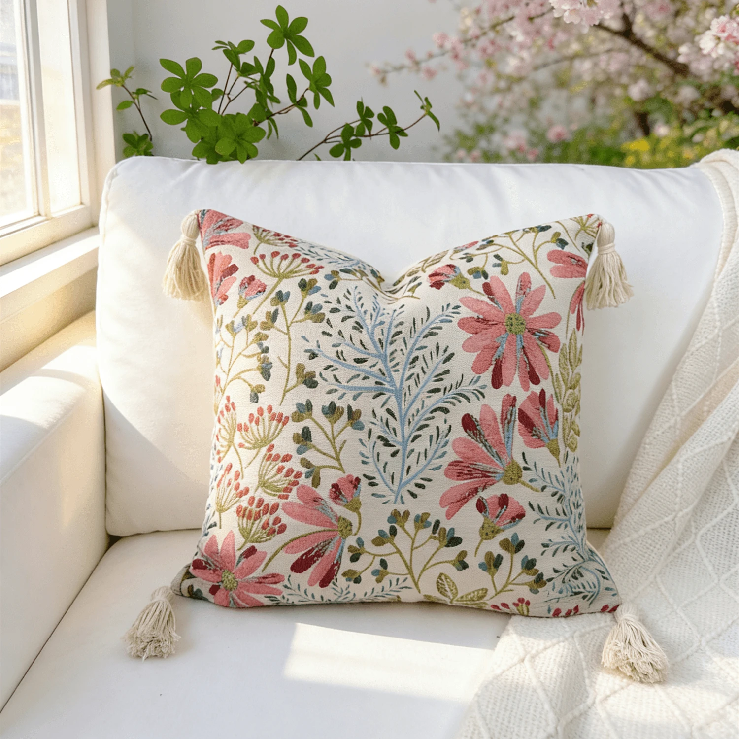 1pc Jacquard Fabric Lace Tassel Ball Pillow, Back To School Decor, Dorm Soft Decoration Pillow, Wedding Decoration Pillow, Sofa Soft Cushion, Floral Pattern Pillowcase, Bed Head Decor Pillow, Farmhous