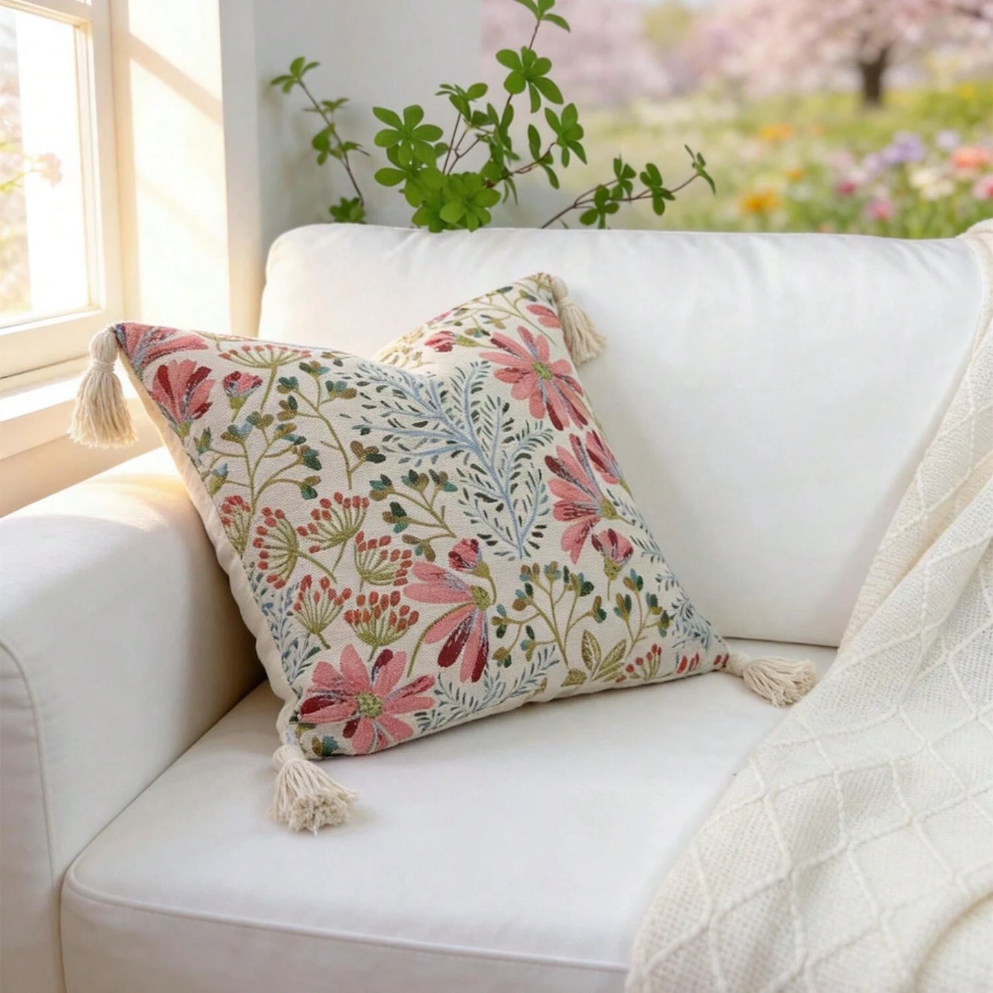 1pc Jacquard Fabric Lace Tassel Ball Pillow, Back To School Decor, Dorm Soft Decoration Pillow, Wedding Decoration Pillow, Sofa Soft Cushion, Floral Pattern Pillowcase, Bed Head Decor Pillow, Farmhous