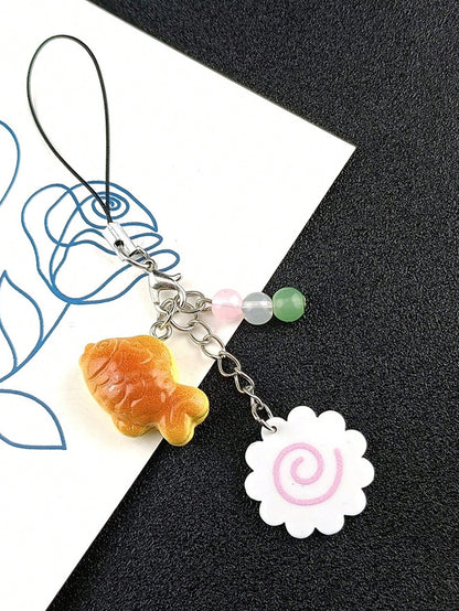 1pc Japanese Fish-Shaped Dessert Handmade Beaded Phone Charm, Pendant, Keychain, Bag Accessory, Compatible With Apple IPods Pro Bluetooth Earphone Case, Holiday Gift (Women's)