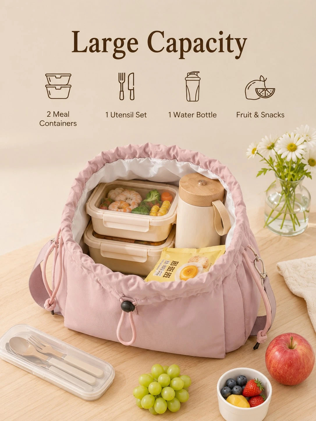 1pc Japanese Style Drawstring Large Capacity Insulated Lunch Bag, Leak-Proof Crossbody Bento Bag (With Adjustable Shoulder Strap/Dual Handles), Portable Reusable Cooler Bag, Suitable For Back To Schoo