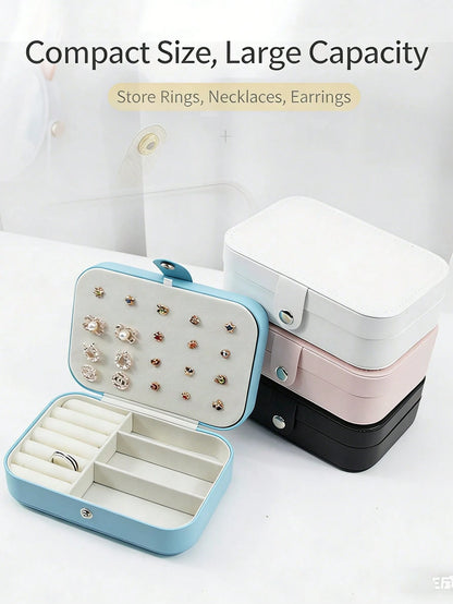 1pc Large Capacity Double-Layer Jewelry Box, PU Leather Jewelry Storage Box, Suitable For Women & Girls, Double-Layer Portable Mini Travel Case For Storing Earrings, Rings, Necklaces Makeup & Nail Pol