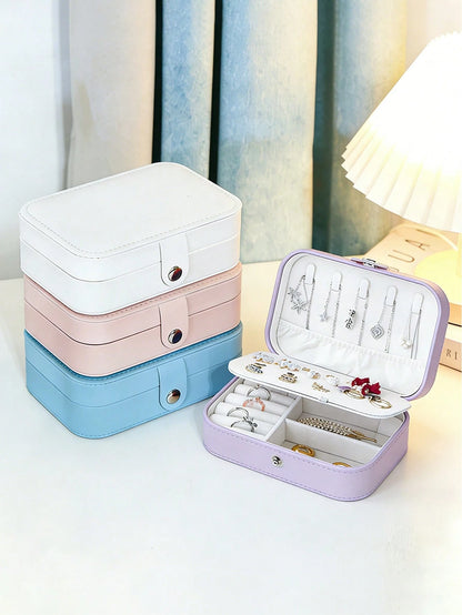 1pc Large Capacity Double-Layer Jewelry Box, PU Leather Jewelry Storage Box, Suitable For Women & Girls, Double-Layer Portable Mini Travel Case For Storing Earrings, Rings, Necklaces Makeup & Nail Pol