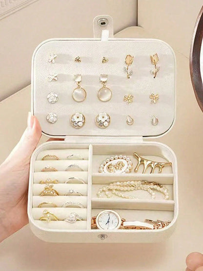 1pc Large Capacity Double-Layer Jewelry Box, PU Leather Jewelry Storage Box, Suitable For Women & Girls, Double-Layer Portable Mini Travel Case For Storing Earrings, Rings, Necklaces Makeup & Nail Pol