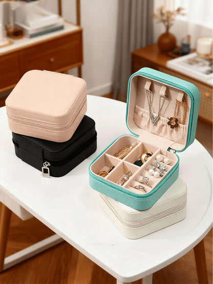 1pc Large Capacity Double-Layer Jewelry Box, PU Leather Jewelry Storage Box, Suitable For Women & Girls, Double-Layer Portable Mini Travel Case For Storing Earrings, Rings, Necklaces Makeup & Nail Pol