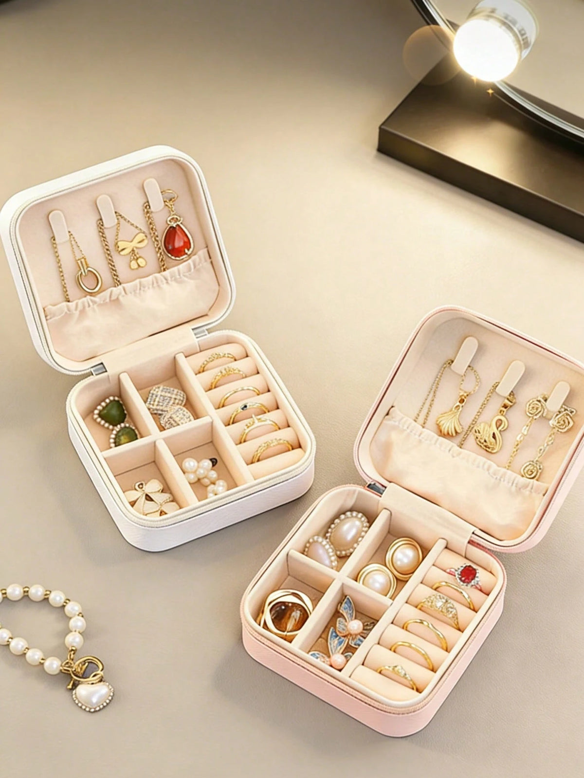 1pc Large Capacity Double-Layer Jewelry Box, PU Leather Jewelry Storage Box, Suitable For Women & Girls, Double-Layer Portable Mini Travel Case For Storing Earrings, Rings, Necklaces Makeup & Nail Pol