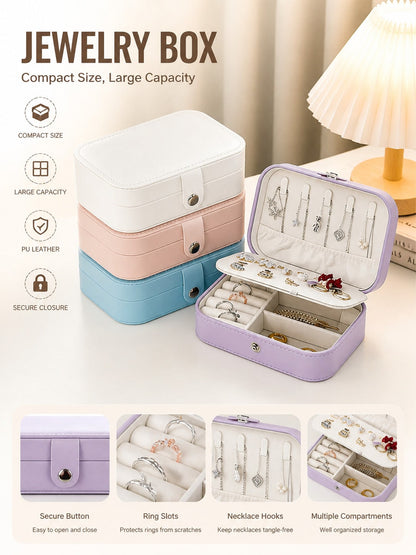 1pc Large Capacity Double-Layer Jewelry Box, PU Leather Jewelry Storage Box, Suitable For Women & Girls, Double-Layer Portable Mini Travel Case For Storing Earrings, Rings, Necklaces Makeup & Nail Pol