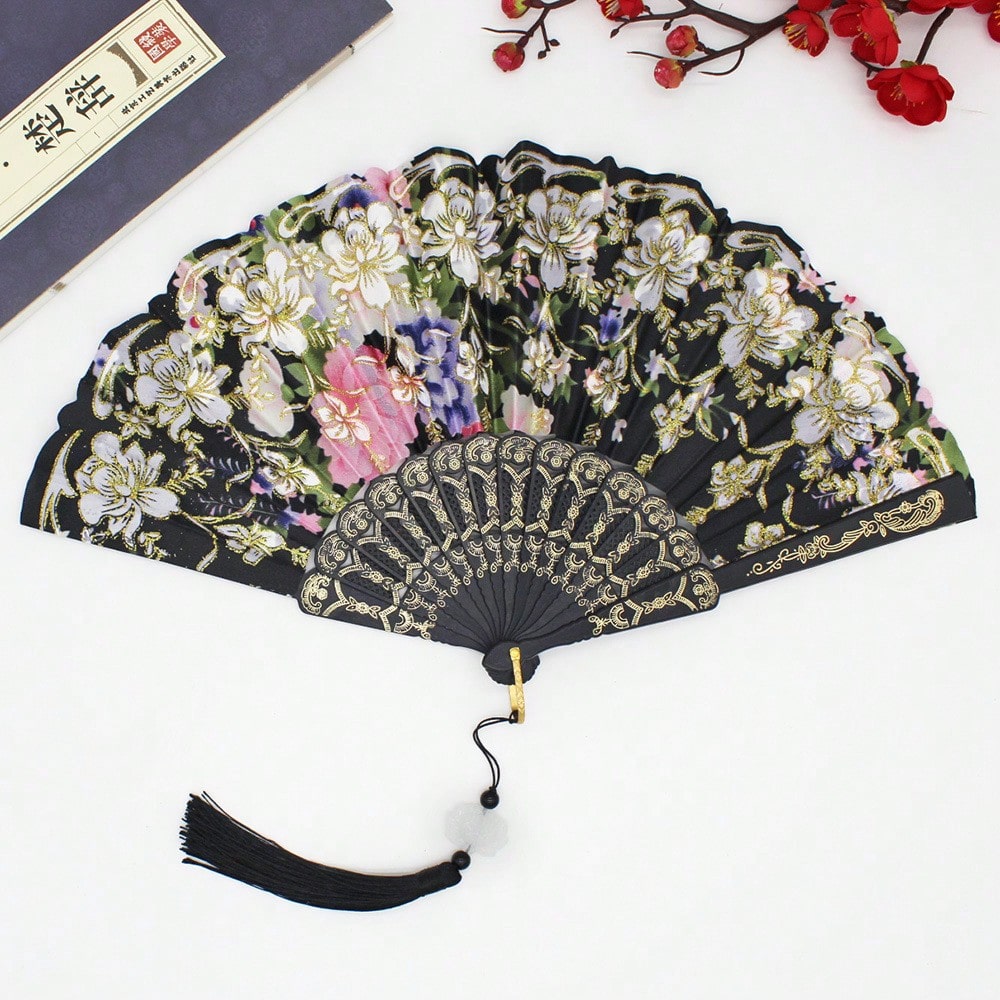 1pc Large Handheld Floral Folding Fan Handheld Carnival Fan – Perfect For Music Festivals, Carnivals, Weddings, EDM Events, Dance, Decoration, Performances And Gifts