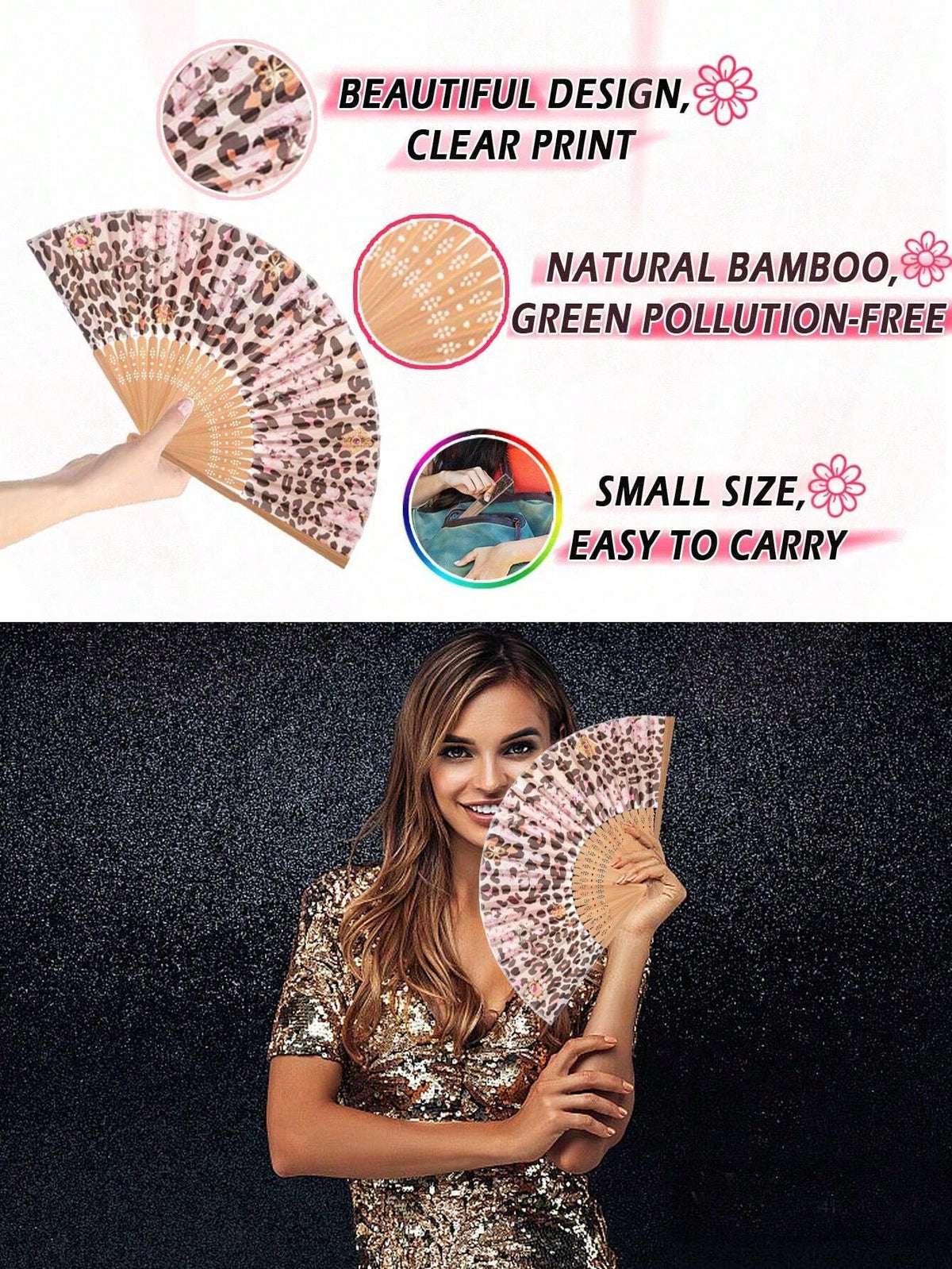 1pc Leopard Print Folding Fan, Black Frame Handheld Fan, Suitable For Summer, Travel, Beach, Festival, Outdoor Activities, Wedding, Back To School, Birthday And Party/Wedding/Home Decor/Festival Essen