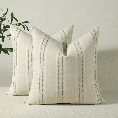 1PC Linen Throw Pillow Covers, Boho Textured Pillow Case,,Beige With White & Navy Blue Stitch Yarn Dyed Stripe Cushion Cover For Sofa Couch Living Room(Cover ONLY)