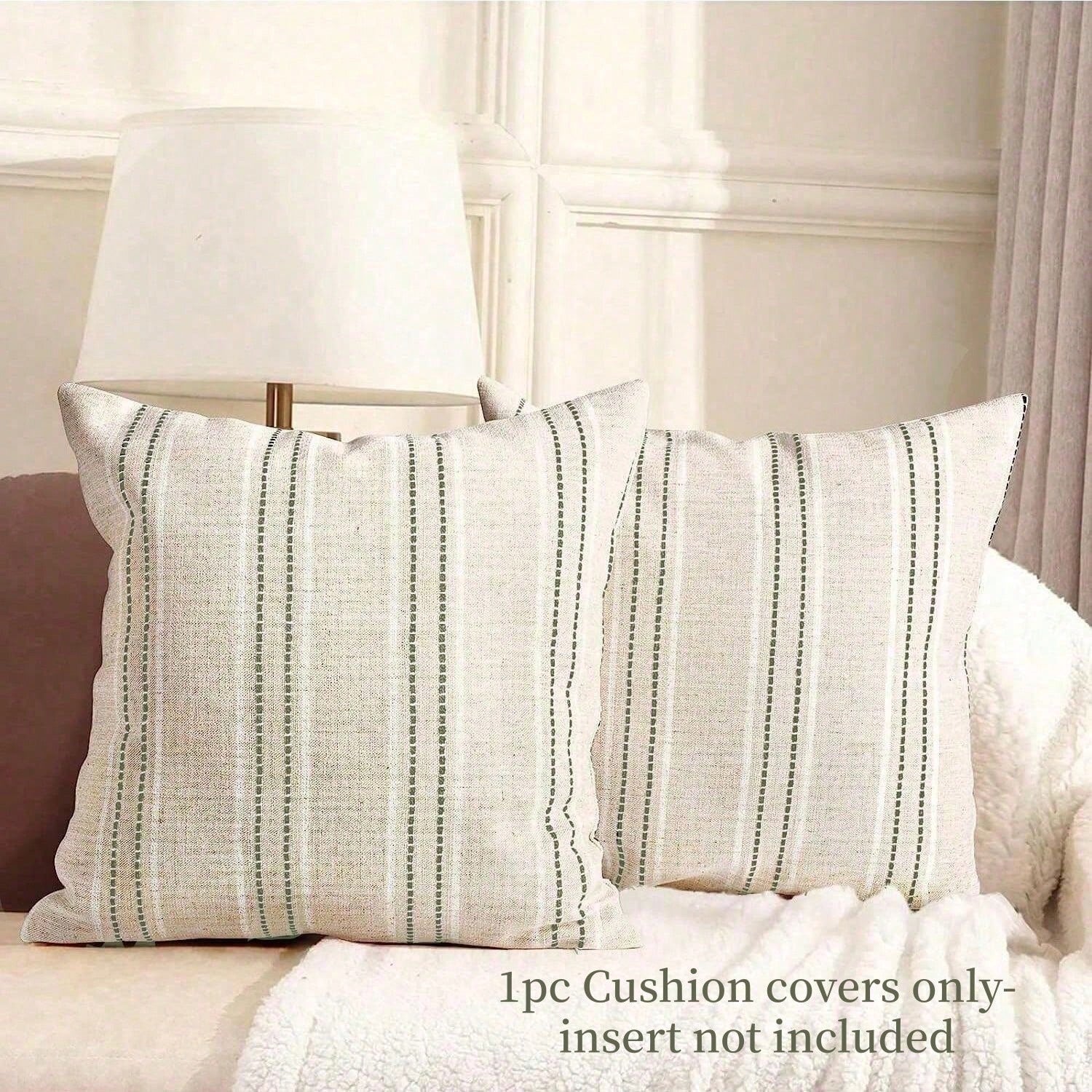1PC Linen Throw Pillow Covers, Boho Textured Pillow Case,,Beige With White & Navy Blue Stitch Yarn Dyed Stripe Cushion Cover For Sofa Couch Living Room(Cover ONLY)