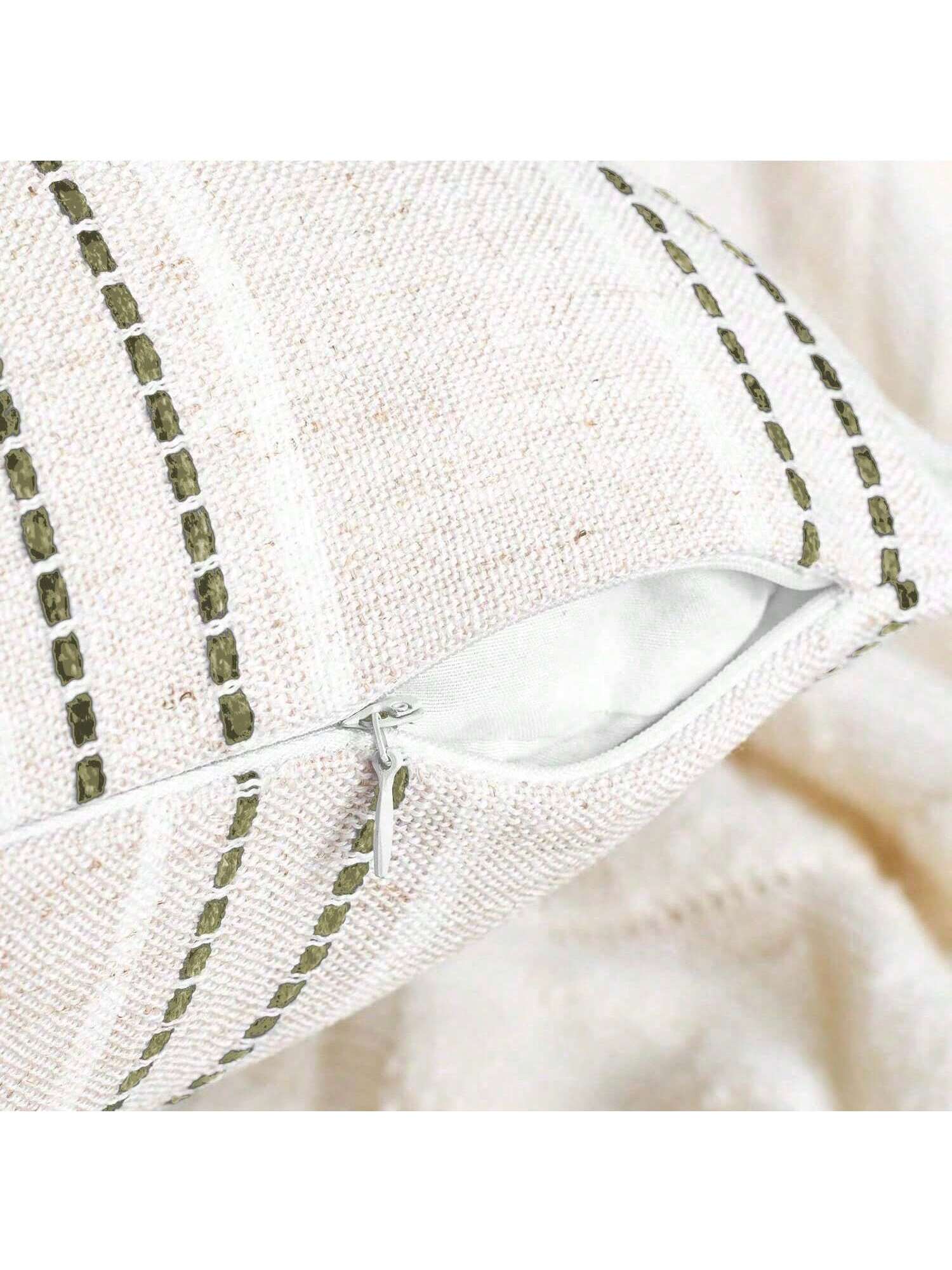 1PC Linen Throw Pillow Covers, Boho Textured Pillow Case,,Beige With White & Navy Blue Stitch Yarn Dyed Stripe Cushion Cover For Sofa Couch Living Room(Cover ONLY)
