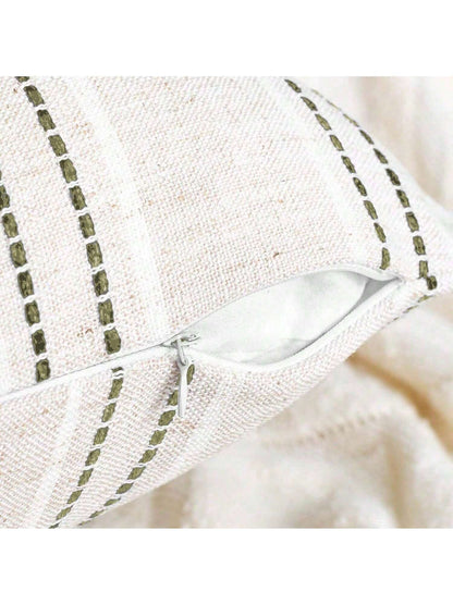 1PC Linen Throw Pillow Covers, Boho Textured Pillow Case,,Beige With White & Navy Blue Stitch Yarn Dyed Stripe Cushion Cover For Sofa Couch Living Room(Cover ONLY)