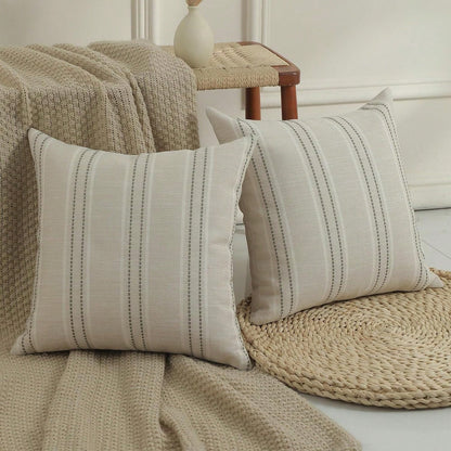 1PC Linen Throw Pillow Covers, Boho Textured Pillow Case,,Beige With White & Navy Blue Stitch Yarn Dyed Stripe Cushion Cover For Sofa Couch Living Room(Cover ONLY)