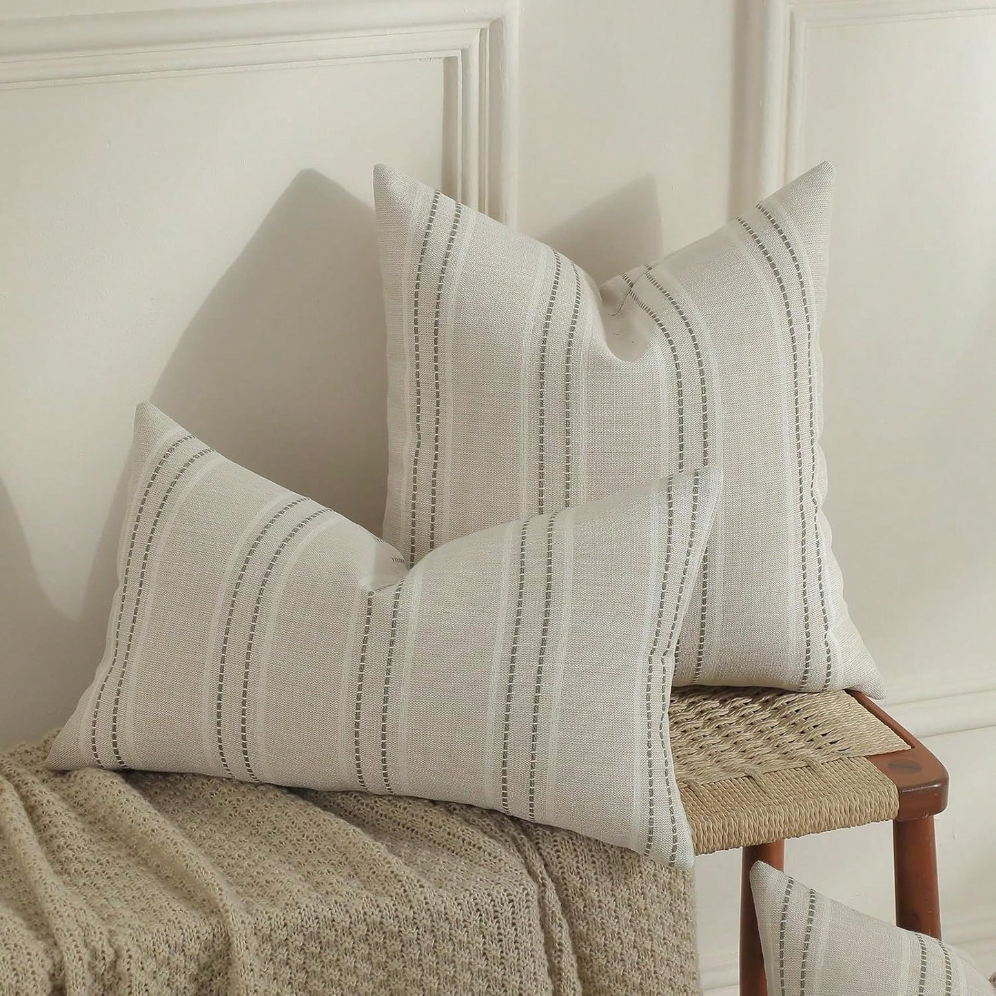 1PC Linen Throw Pillow Covers, Boho Textured Pillow Case,,Beige With White & Navy Blue Stitch Yarn Dyed Stripe Cushion Cover For Sofa Couch Living Room(Cover ONLY)