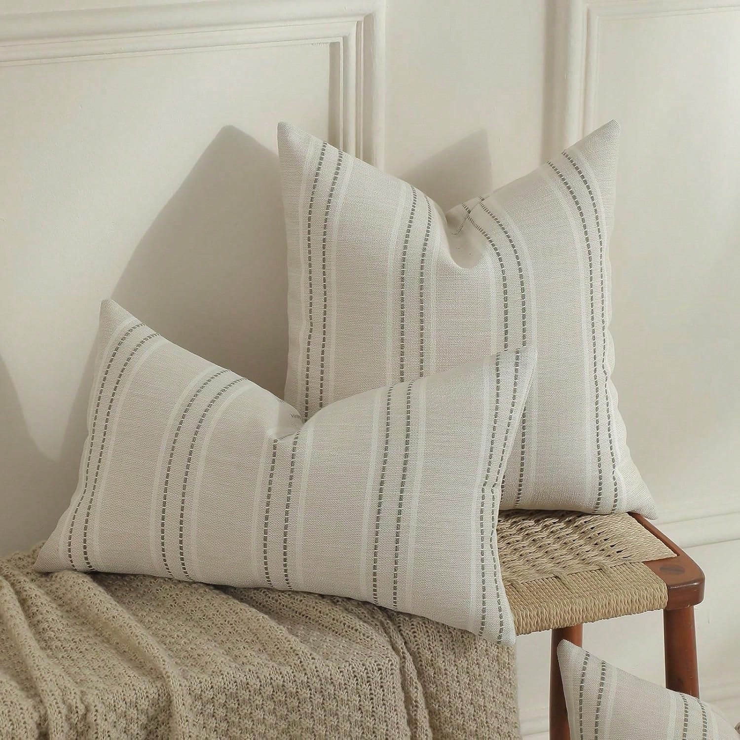 1PC Linen Throw Pillow Covers, Boho Textured Pillow Case,,Beige With White & Navy Blue Stitch Yarn Dyed Stripe Cushion Cover For Sofa Couch Living Room(Cover ONLY)