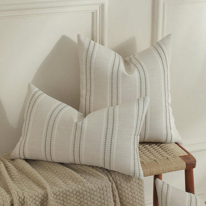 1PC Linen Throw Pillow Covers, Boho Textured Pillow Case,,Beige With White & Navy Blue Stitch Yarn Dyed Stripe Cushion Cover For Sofa Couch Living Room(Cover ONLY)