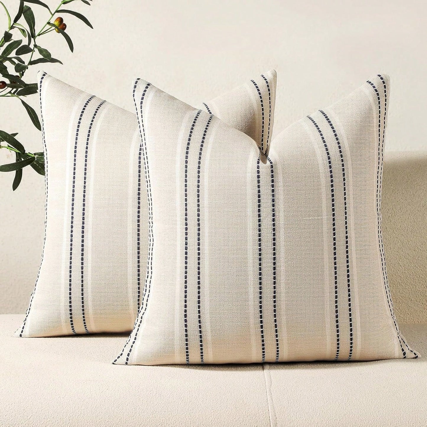 1PC Linen Throw Pillow Covers, Boho Textured Pillow Case,,Beige With White & Navy Blue Stitch Yarn Dyed Stripe Cushion Cover For Sofa Couch Living Room(Cover ONLY)
