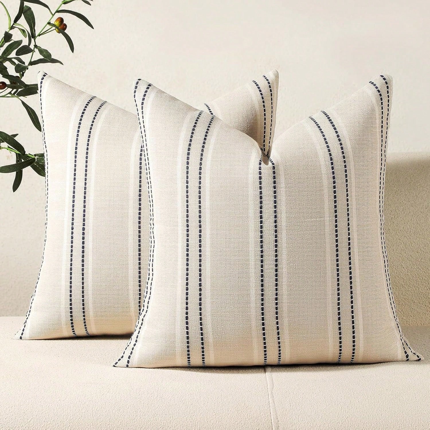 1PC Linen Throw Pillow Covers, Boho Textured Pillow Case,,Beige With White & Navy Blue Stitch Yarn Dyed Stripe Cushion Cover For Sofa Couch Living Room(Cover ONLY)