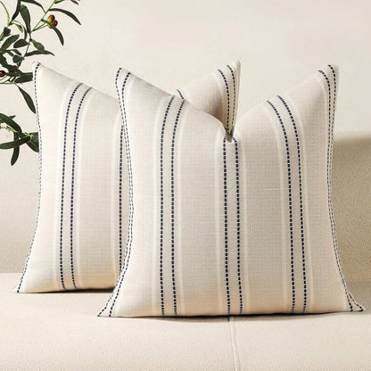 1PC Linen Throw Pillow Covers, Boho Textured Pillow Case,,Beige With White & Navy Blue Stitch Yarn Dyed Stripe Cushion Cover For Sofa Couch Living Room(Cover ONLY)