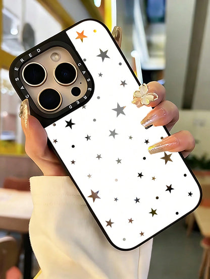 1pc Makeup Mirror Phone Case White Background Polka Dot & Star Pattern Full Coverage TPU Anti-Drop Phone Case Compatible With Apple 17 16 15 14 13 12 11 Pro Max